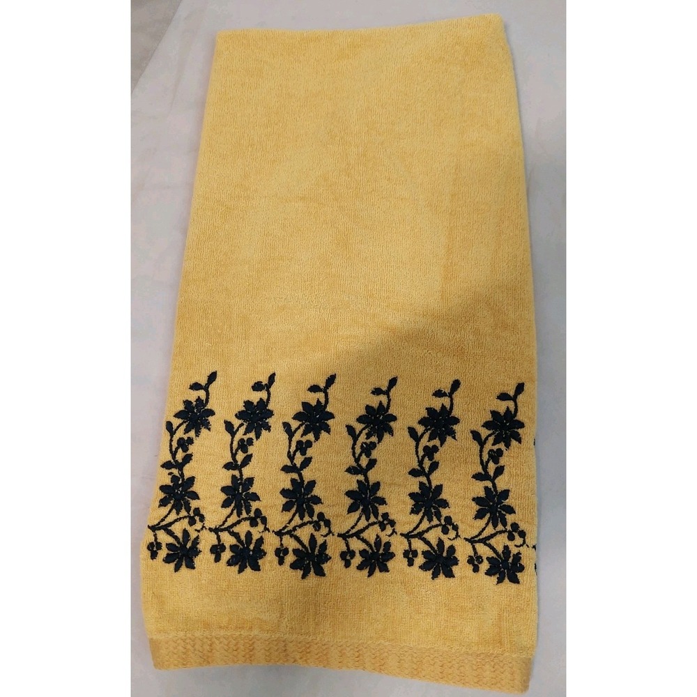 Vintage Dundee Bath Towel Yellow Black Floral Embroidered 100% Cotton Retro MCM